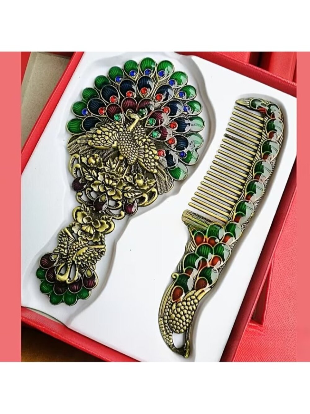 Peacock themed Makeup Mirror and Comb Set Elegant Peacock Theme Retro Portable